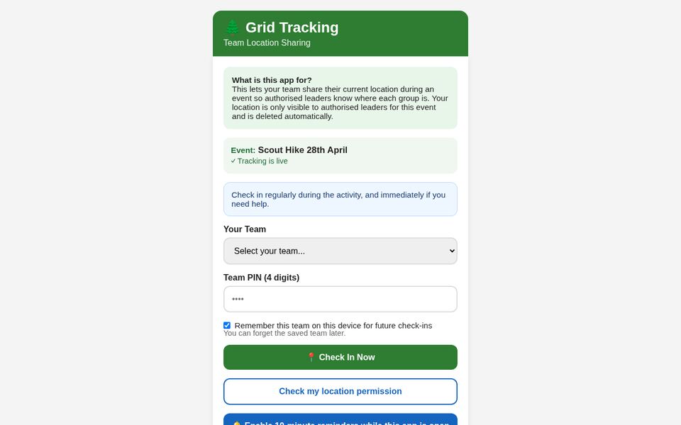 Grid Tracking check-in screen