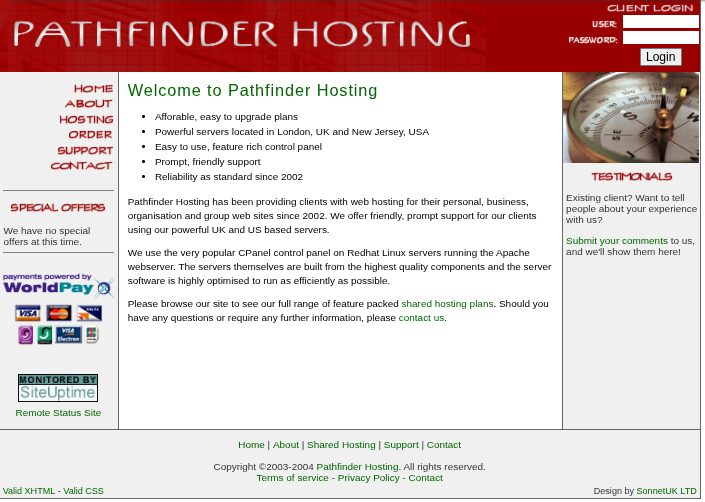Pathfinder Hosting homepage, with shared hosting plans and a client login.
